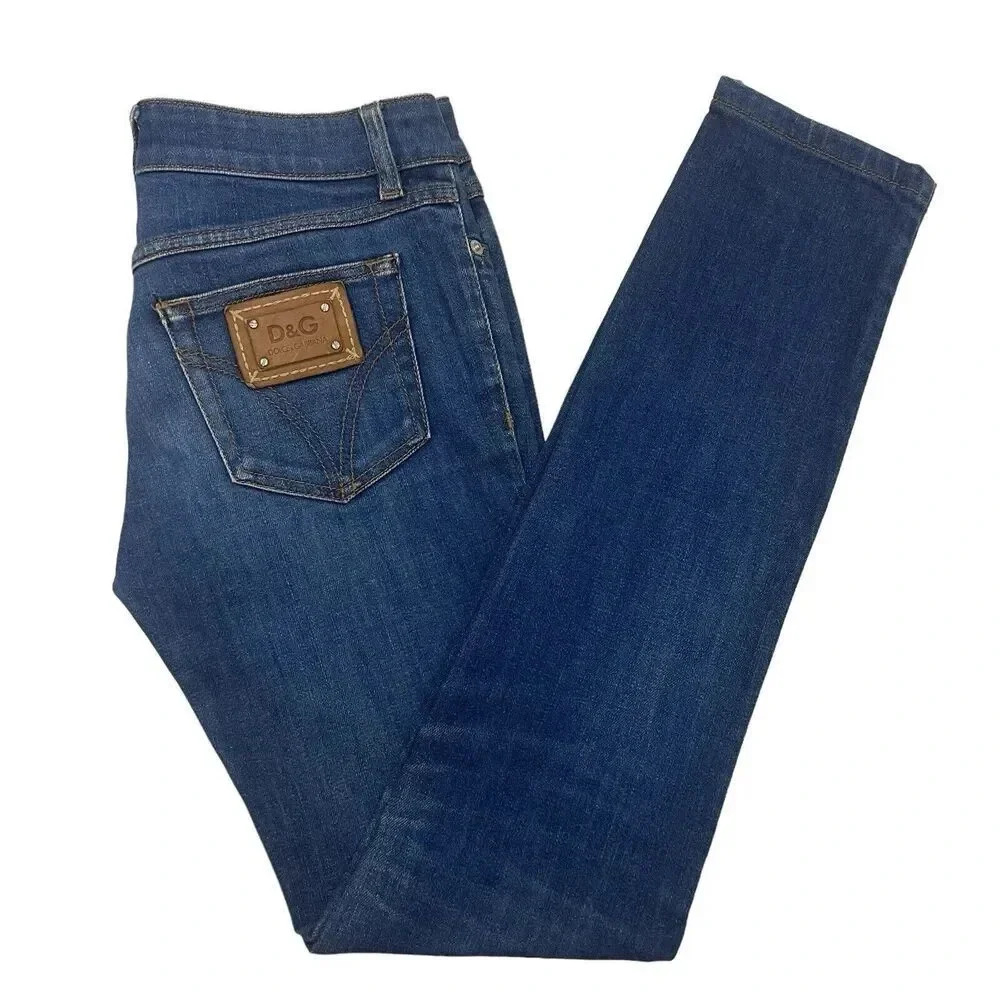 Dolce & Gabbana Women's Skinny Jeans - Dark Blue with Brown Patch